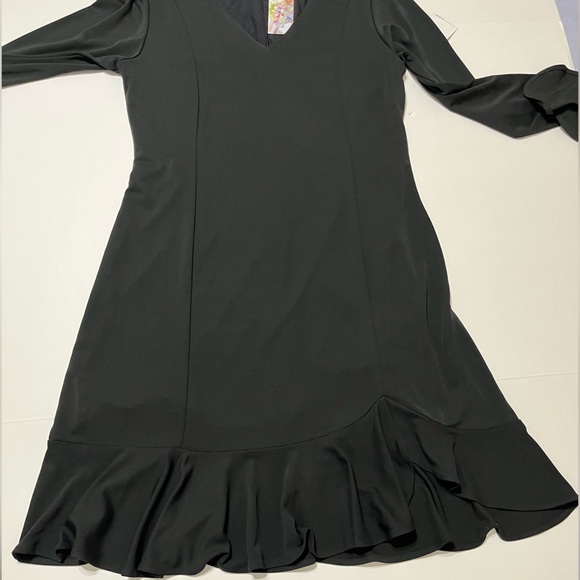 Karen Kane Black Sienna Dress Ruffle Hem Bell Sleeves V-Neckline - Picture 5 of 16